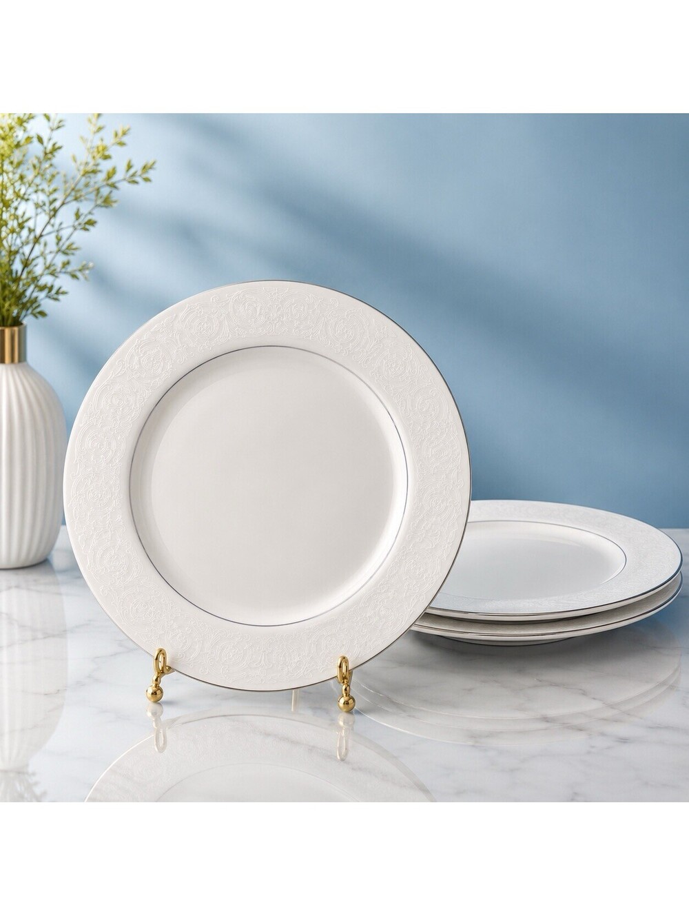 Southwicke Japan 1980s 3 Dinner Plates White Embossed Scroll Platinum Trim, 10”